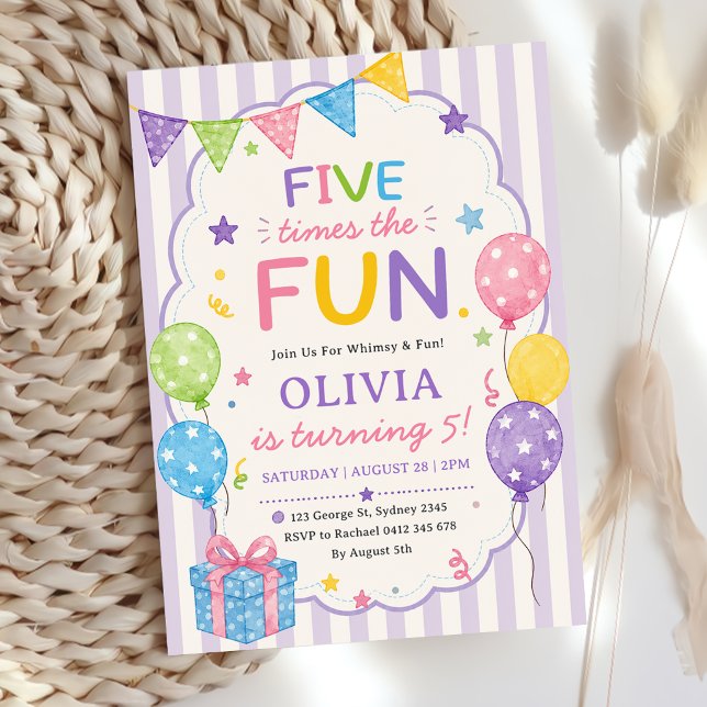 Stripes Five Times The Fun Colourful Birthday Invitation (Creator Uploaded)