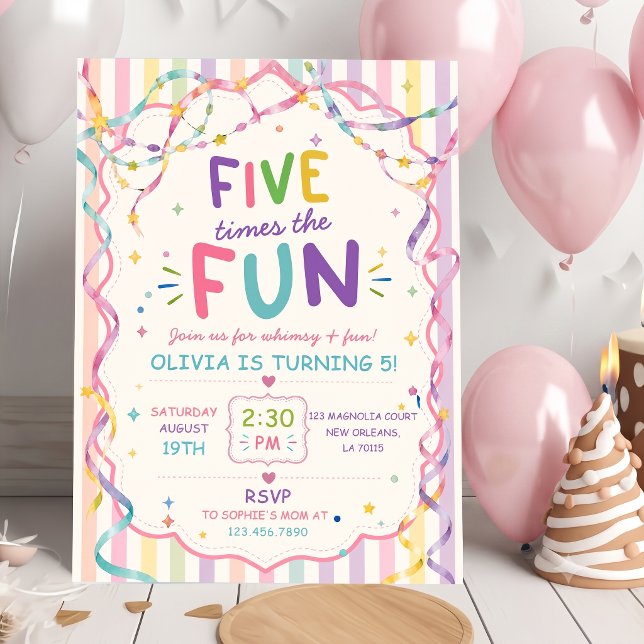 Stripes Five Times The Fun Colourful Birthday Invitation (Creator Uploaded)