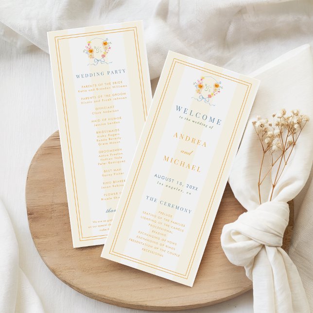 Stripes Floral Crest Monogram & Bow Spring Wedding Program (Creator Uploaded)