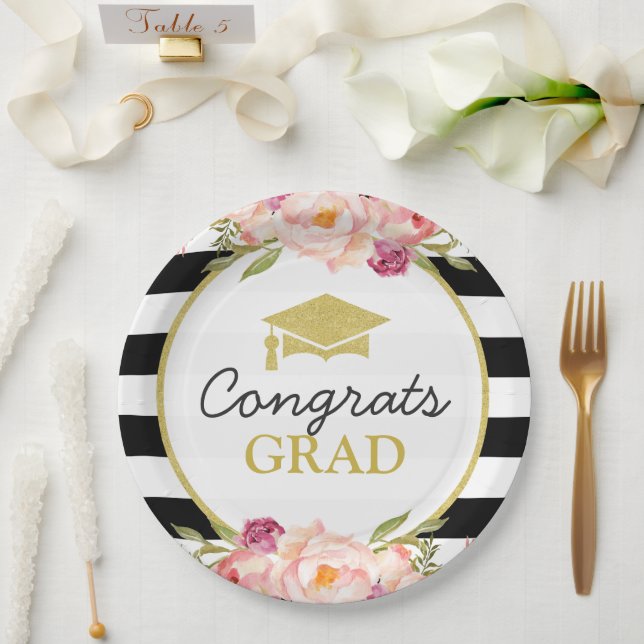 Stripes Floral Gold Congrats Grad Graduation Party Paper Plate (Wedding)