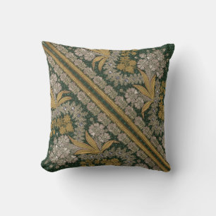 Stripes Floral Vintage Elegant Brocade Green Gold Throw Pillow