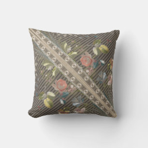 Stripes Floral Vintage Elegant Brocade Lace Cushio Throw Pillow