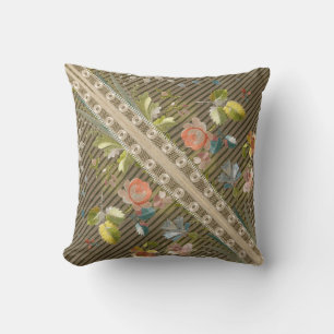 Stripes Floral Vintage Elegant Brocade Lace Gold Throw Pillow