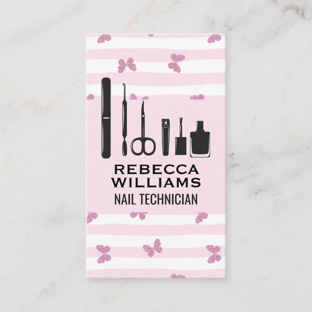 Stripes | Glitter Butterflies | Manicure Tools Business Card (Front)