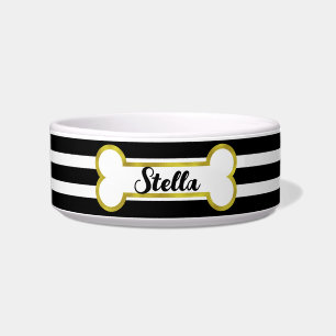 Stripes & Gold Bone Customized Pet Bowl   Black