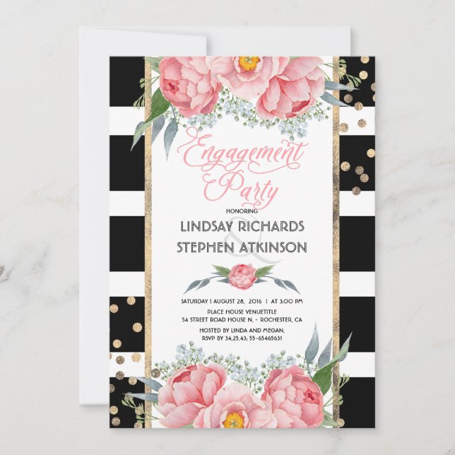Stripes Gold Confetti Pink Floral Engagement Party Invitation (Front)