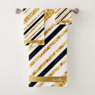 Stripes Gold Glitter Black Boho Popular Collection Bath Towel Set