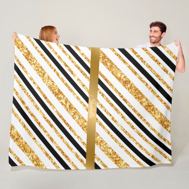 Stripes Gold Glitter Black Boho Popular Collection Fleece Blanket (In Situ)