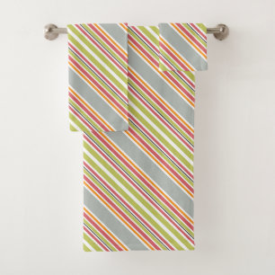 Stripes green grey orange pink bath towel set