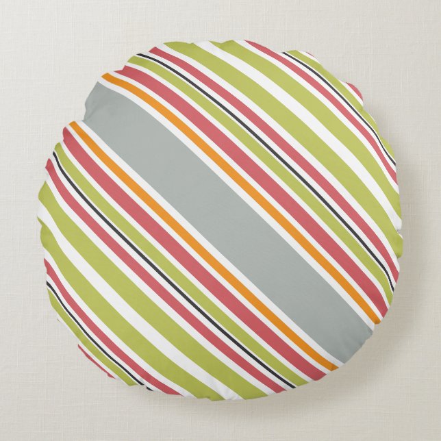 Stripes green grey orange pink round pillow (Front)