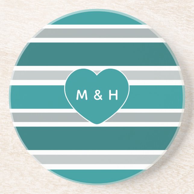 Stripes & Heart custom monogram sandstone coaster (Front)