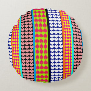Stripes Hearts Diamonds Boho Mixed Design Round Pillow