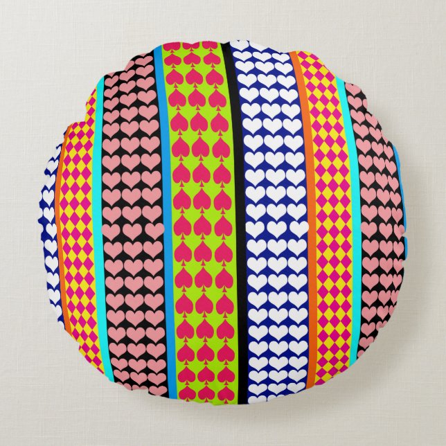 Stripes Hearts Diamonds Boho Mixed Design  Round Pillow (Front)