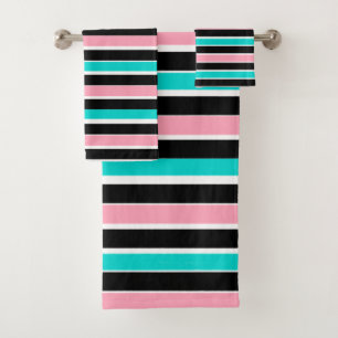 Stripes in Black Pink and Blue Bath Towel Set