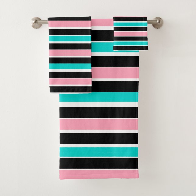 Stripes in Black Pink and Blue Bath Towel Set (Insitu)