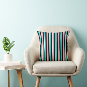 Stripes in Black Pink and Blue Throw Pillow