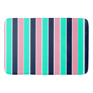 Stripes in Mint Green, Pink, and Navy Blue Bath Mat
