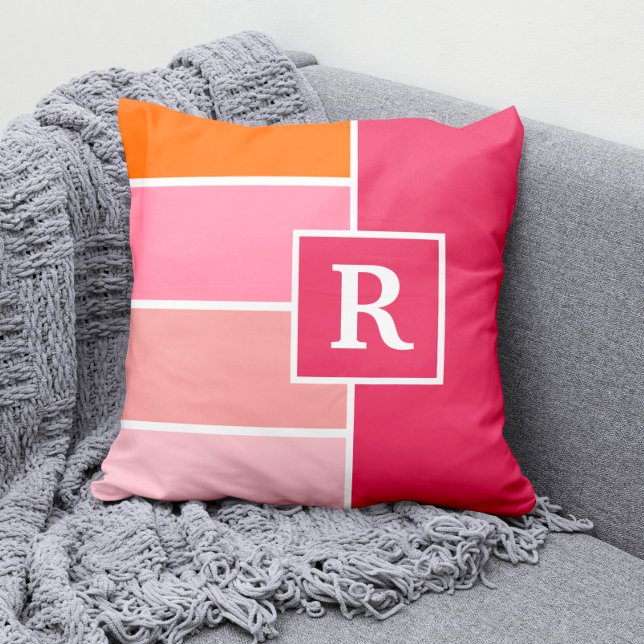 Stripes in pink, white and orange with Monogram Throw Pillow (Creator Uploaded)
