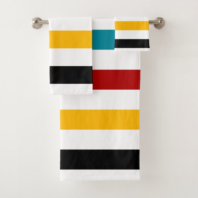 Stripes in white, turquoise, red, yellow and black bath towel set (Insitu)