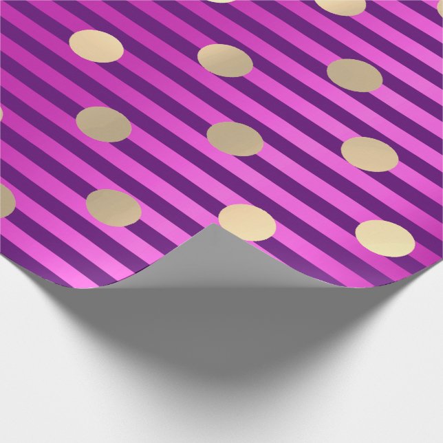 Stripes Line Fuchsia Pink Purple Polka Dots Gold Wrapping Paper (Corner)