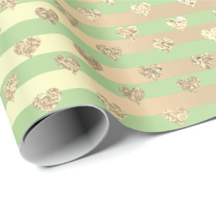 Stripes Lines Heart Champaigne Gold Mint Green Wrapping Paper