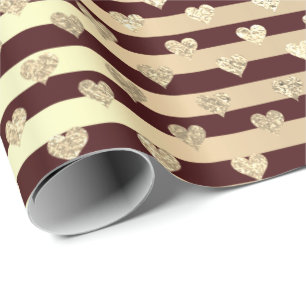 Stripes Lines Hearts Champaigne Gold Burgundy Wrapping Paper