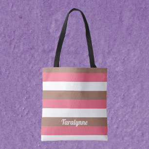 Stripes Mocha Brown Pink White Personalize Tote Bag