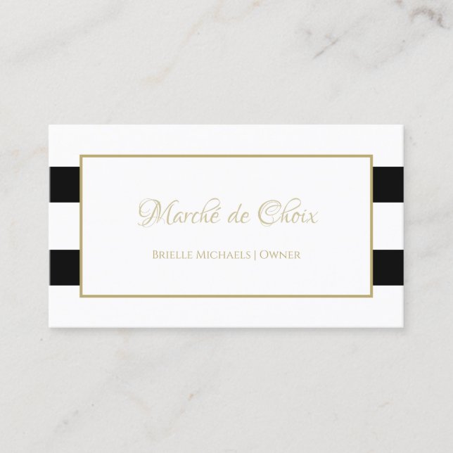 Stripes Modern Black White Gold Script Boutique Business Card (Front)
