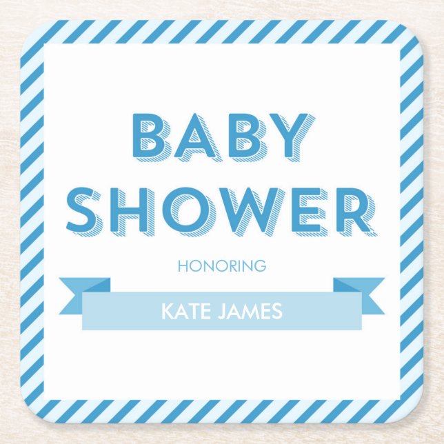 Stripes Modern Blue Baby Shower Square Paper Coaster (Front)