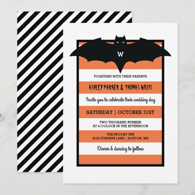 Stripes & Monogram | Orange Halloween Wedding Invitation (Front/Back)