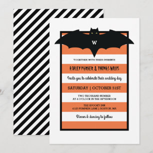 Stripes & Monogram   Orange Halloween Wedding Invitation