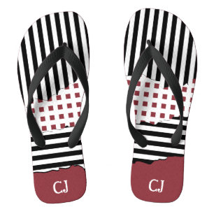 Stripes Net Black, White, Red Layered Initials Flip Flops