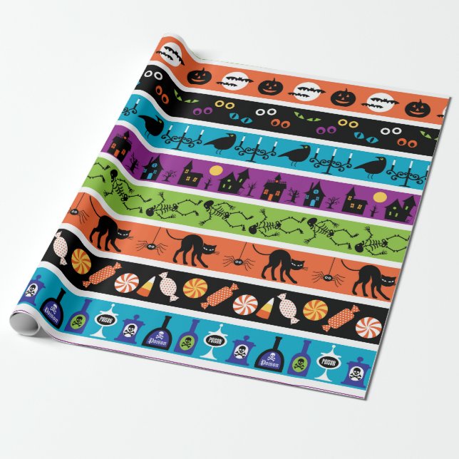 Stripes of colourful halloween symbols pattern wrapping paper (Unrolled)