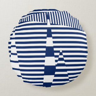 Stripes on Stripes in Blue and White Round Pillow