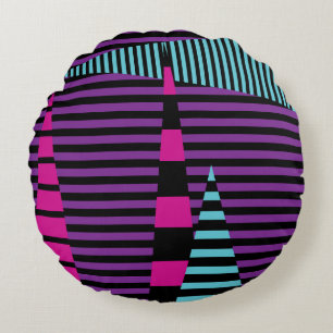 Stripes on Stripes - Pink, Purple, Blue and Black Round Pillow