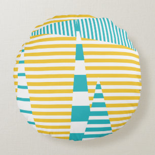 Stripes on Stripes - Turquoise and Yellow Round Pillow