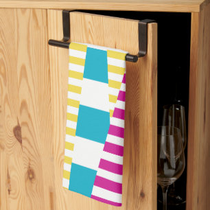 Stripes on Stripes - Turquoise, Yellow and Pink Kitchen Towel