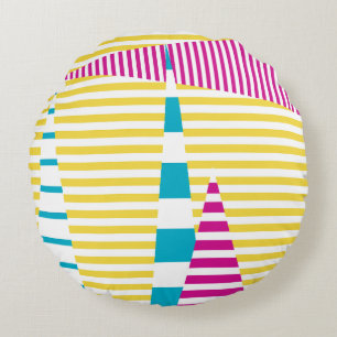 Stripes on Stripes - Turquoise, Yellow and Pink Round Pillow