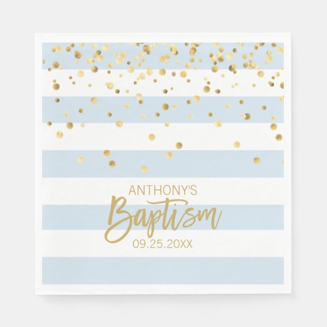 Stripes Pastel Blue Gold BOY BAPTISM Luncheon Napkin (Front)