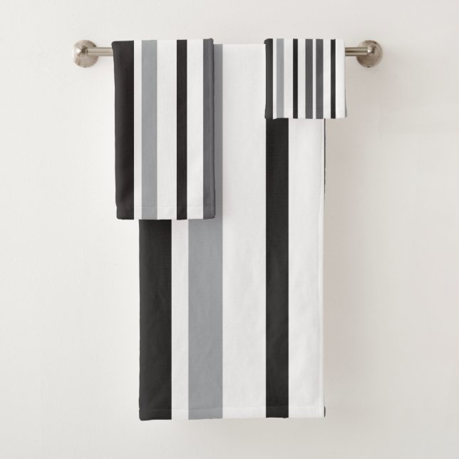 Stripes Pattern Grey White Black Bath Towel Set (Insitu)