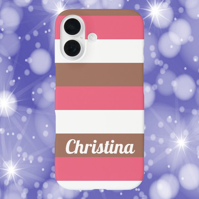 Stripes Pattern Mocha Pink White Personalize Case-Mate iPhone Case (A mocha brown, pink and white stripe phone case with text you can personalize.)
