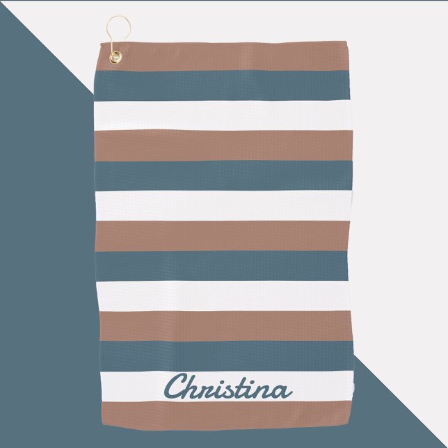 Stripes Pattern Personalize Teal Brown White Golf Towel (A golf towel with brown, teal and white stripes.  The name can be changed and personalized.)