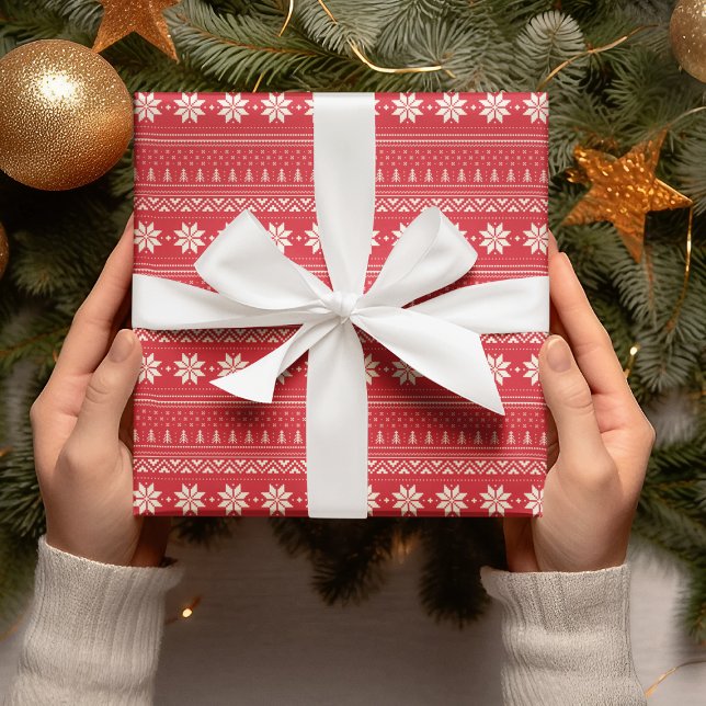 Stripes Pattern Red & White Snowflake Christmas Wrapping Paper (Creator Uploaded)