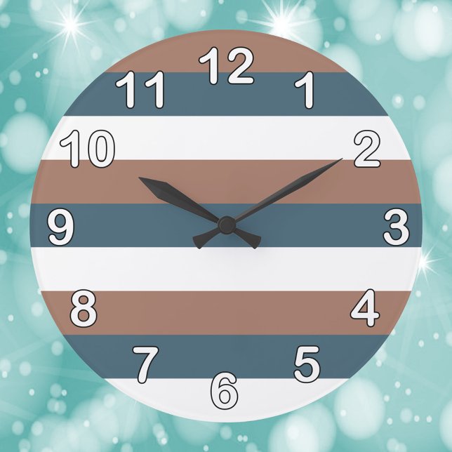 Stripes Pattern Teal Brown White Numbers Large Clock (A clock with a pattern of teal, brown and white stripes.  Also has white numbers.)