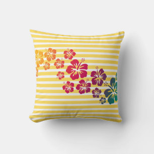 Stripes Pattern white & black + hibiscus Throw Pillow