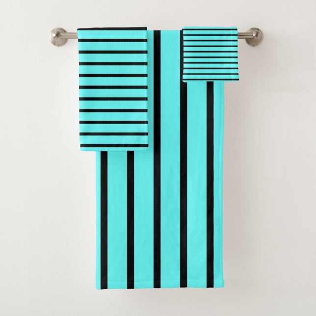 Stripes Patterns Teal Blue Black Modern Cute Bath Towel Set (Insitu)