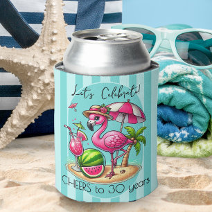 Stripes Pink Flamingo Summer Birthday Party Can Cooler