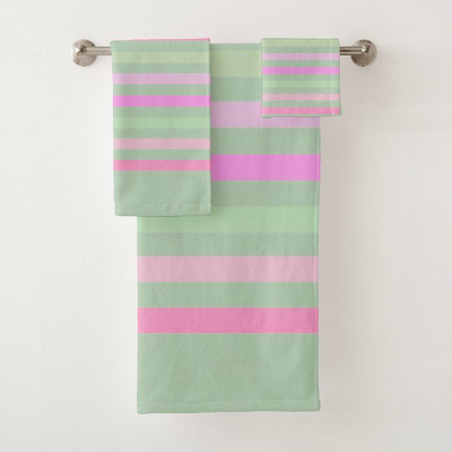Stripes, pink, green bath towel set (Insitu)