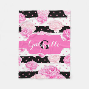 Stripes Pink Watercolor Floral Baby Girl Monogram Fleece Blanket