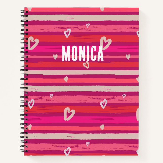 Stripes Pink White Hearts Personalized  Notebook (Front)